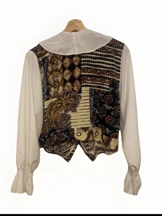 Vintage Cream Ruffle-Collar Blouse with Multi-Pattern Front - Picture 2 of 8